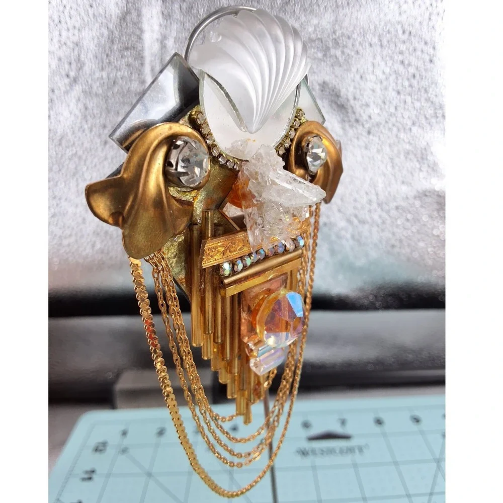Art Deco Revival Assemblage Brooch - Quartz Crystal Shell & Draped Chain‎ Gold